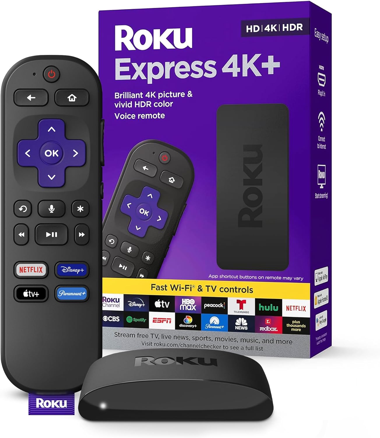 Roku Express 4k Roku Streaming Device 4K HDR with Voice Remote, Free & Live TV